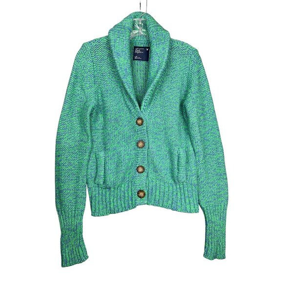 Vintage Y2K American Eagle Shawl Collar Sweater Large Marled Green Blue Grandpa - Picture 1 of 9